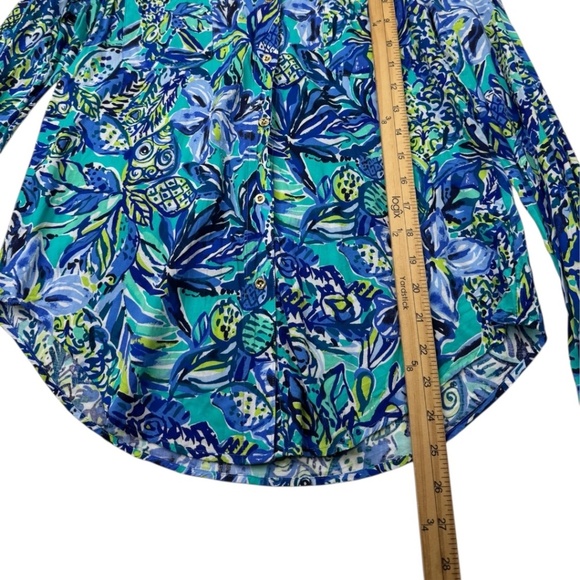 Vibrant Lilly Pulitzer Blue & Green Notched Collar Button-Down Shirt - Picture 11 of 13
